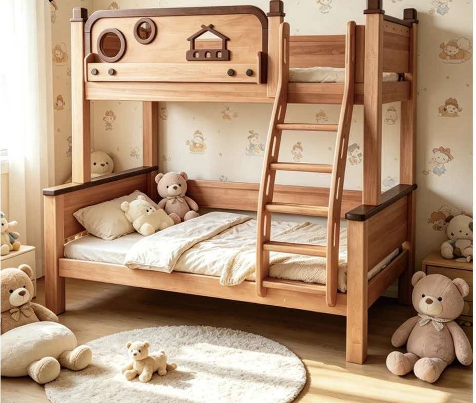ANJU 200cm Long Wooden Bunk Bed with Porthole Window and Little House Panel