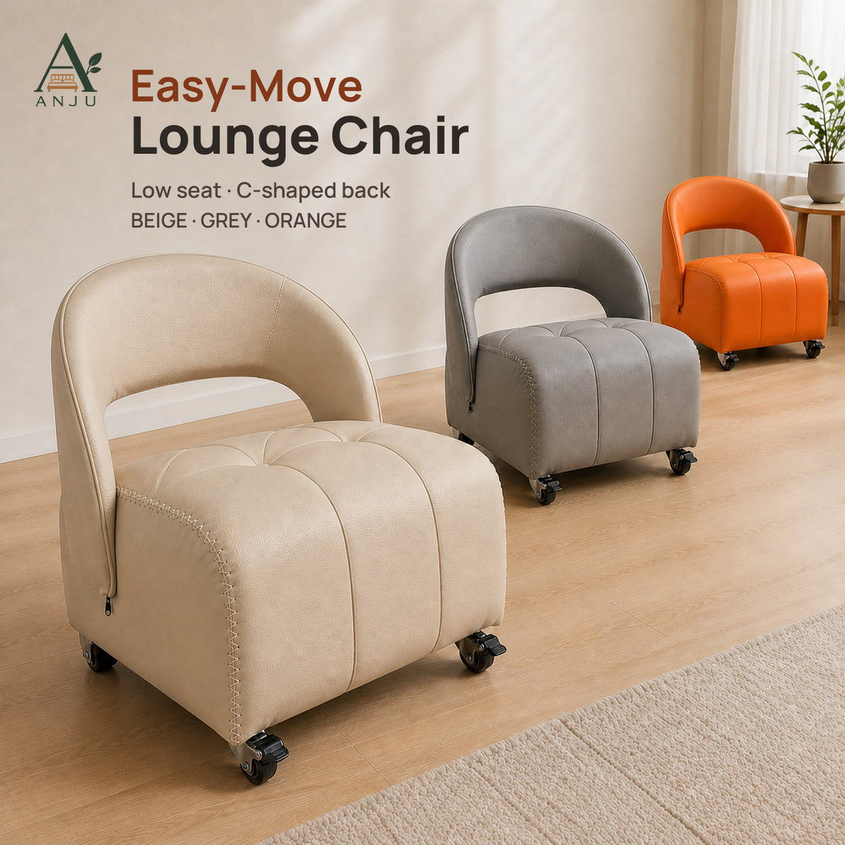 ANJU low lounge chair with caster wheels and a C-shaped back in beige, grey and orange