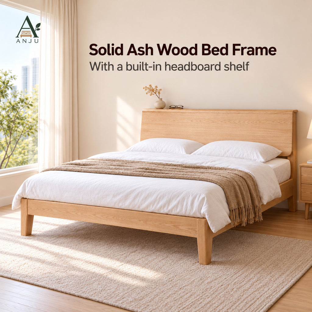 ANJU Solid Ash Wood Bed Frame with Headboard Shelf, 150cm or 180cm — image 1