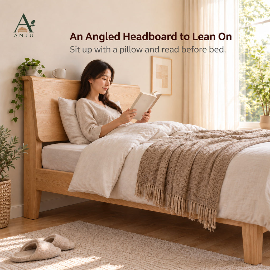 ANJU Solid Ash Wood Bed Frame with Headboard Shelf, 150cm or 180cm — image 3