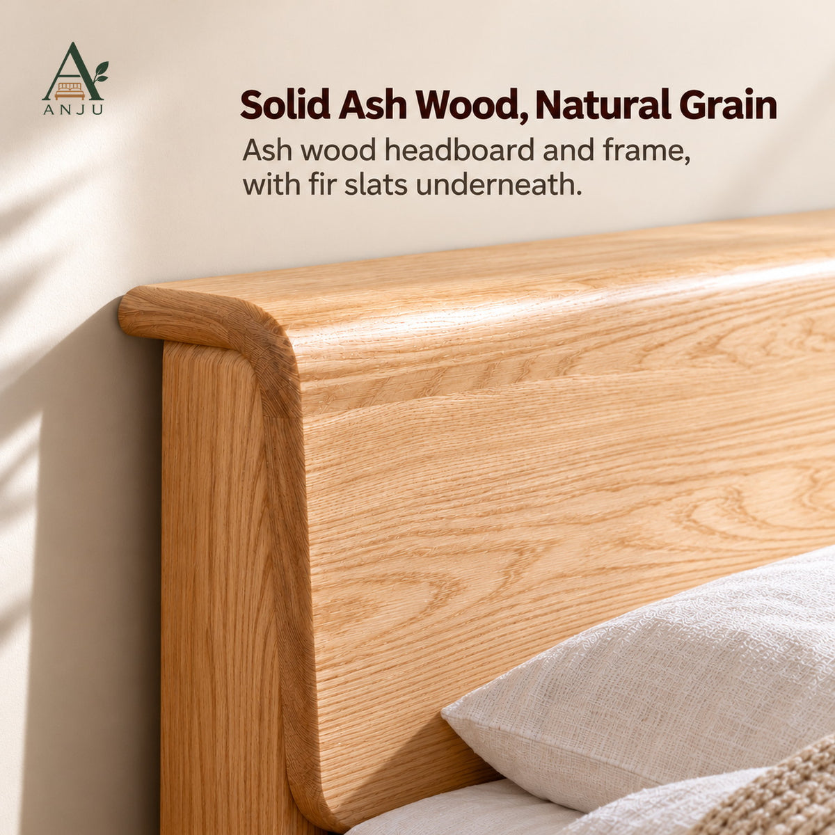 ANJU Solid Ash Wood Bed Frame with Headboard Shelf, 150cm or 180cm — image 5