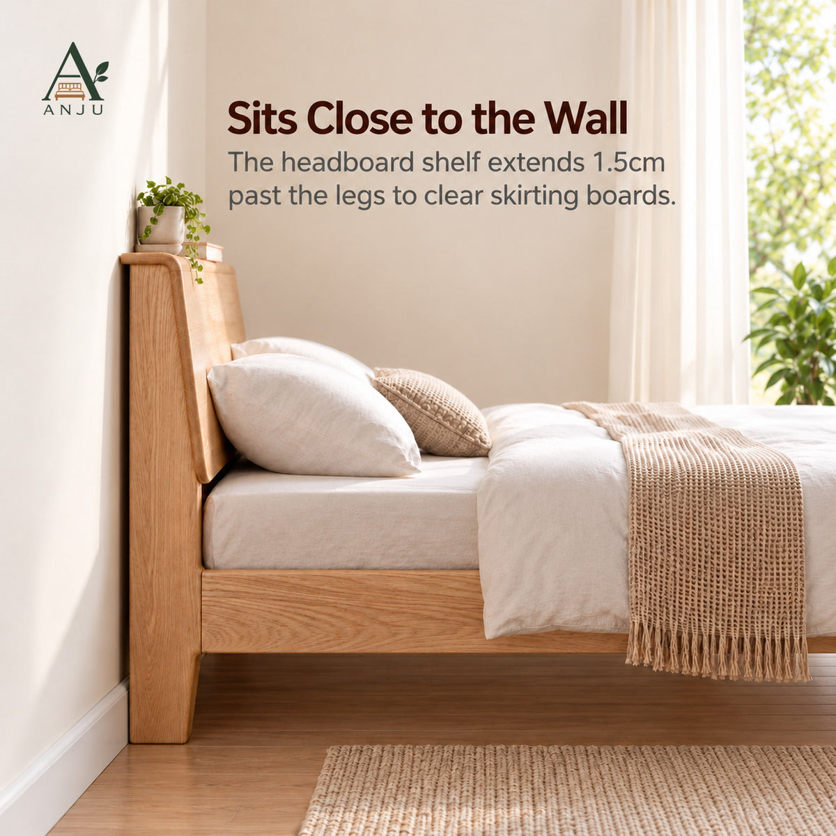 ANJU Solid Ash Wood Bed Frame with Headboard Shelf, 150cm or 180cm — image 6