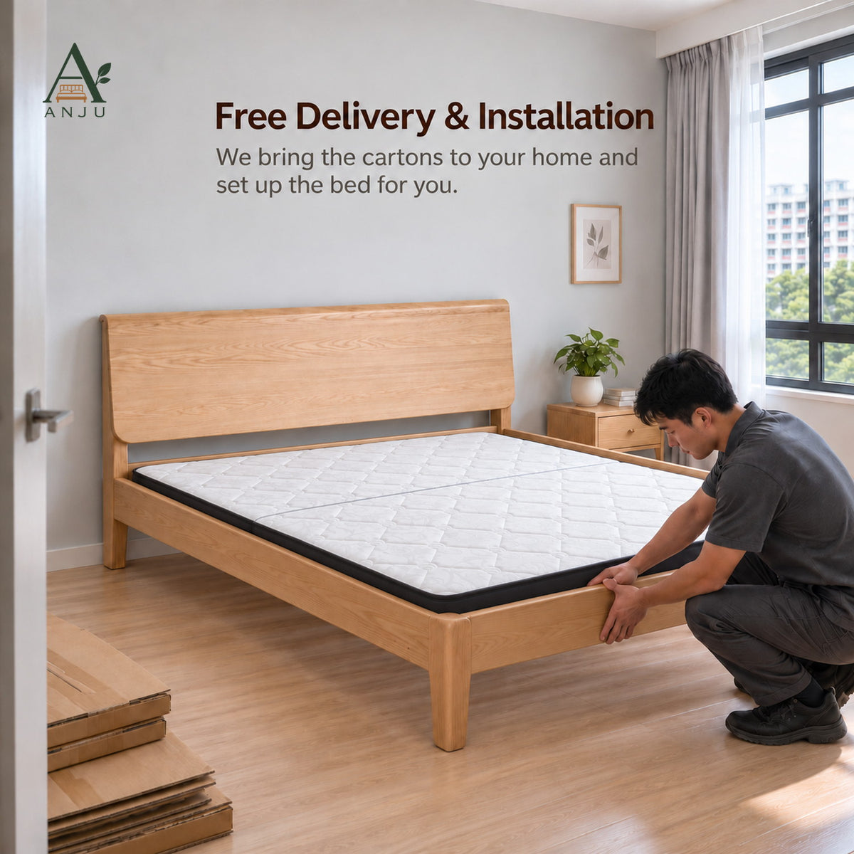 ANJU Solid Ash Wood Bed Frame with Headboard Shelf, 150cm or 180cm — image 8