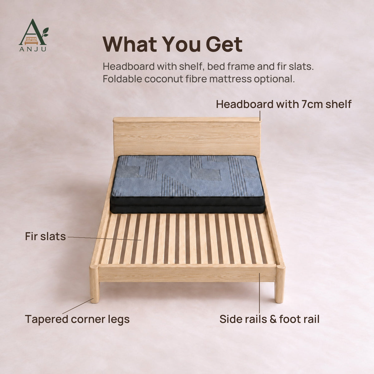 ANJU Solid Ash Wood Bed Frame with Headboard Shelf, 150cm or 180cm — image 9