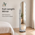 ANJU 360° Rotating Full-Length Mirror with Clothes Hooks, Shelf and Wheels, Light Grey