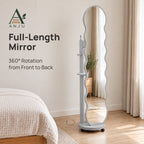 ANJU 360° Rotating Full-Length Mirror with Clothes Hooks, Shelf and Wheels, Light Grey