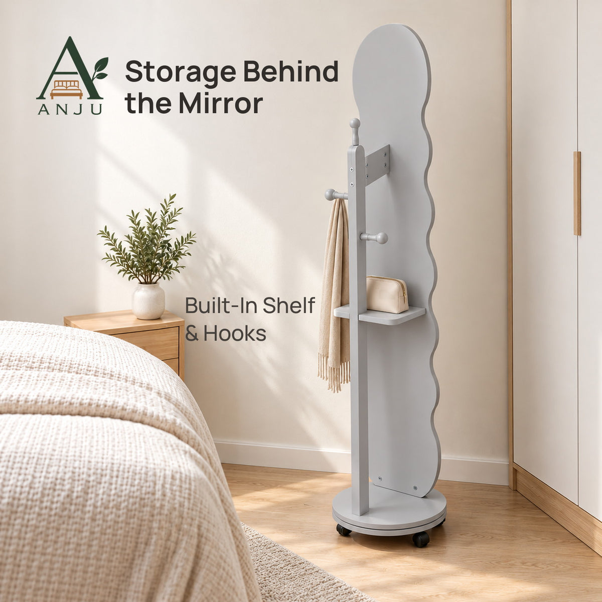 ANJU 360° Rotating Full-Length Mirror with Clothes Hooks, Shelf and Wheels, Light Grey — view 2