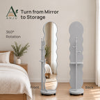 ANJU 360° Rotating Full-Length Mirror with Clothes Hooks, Shelf and Wheels, Light Grey — view 3