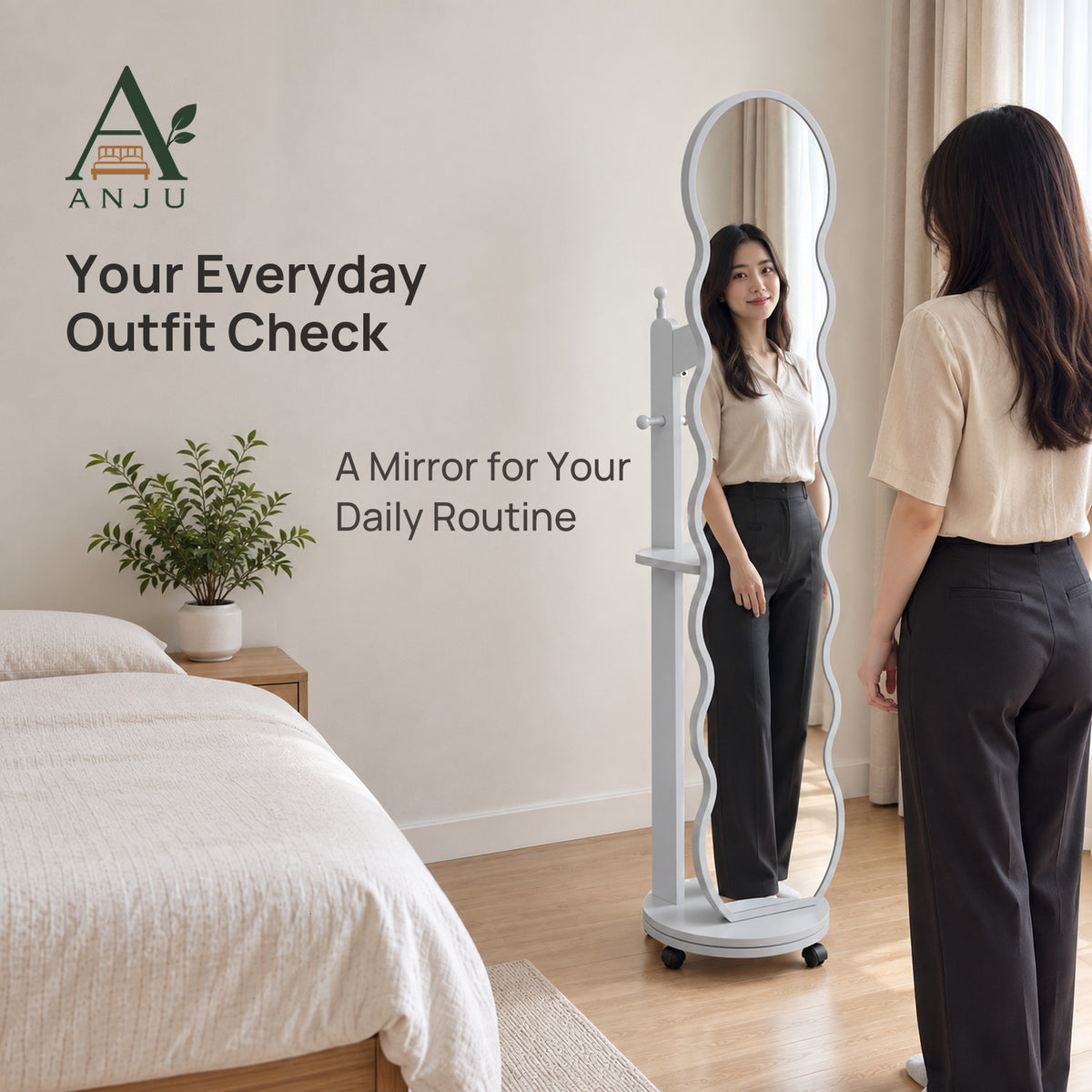 ANJU 360° Rotating Full-Length Mirror with Clothes Hooks, Shelf and Wheels, Light Grey — view 4