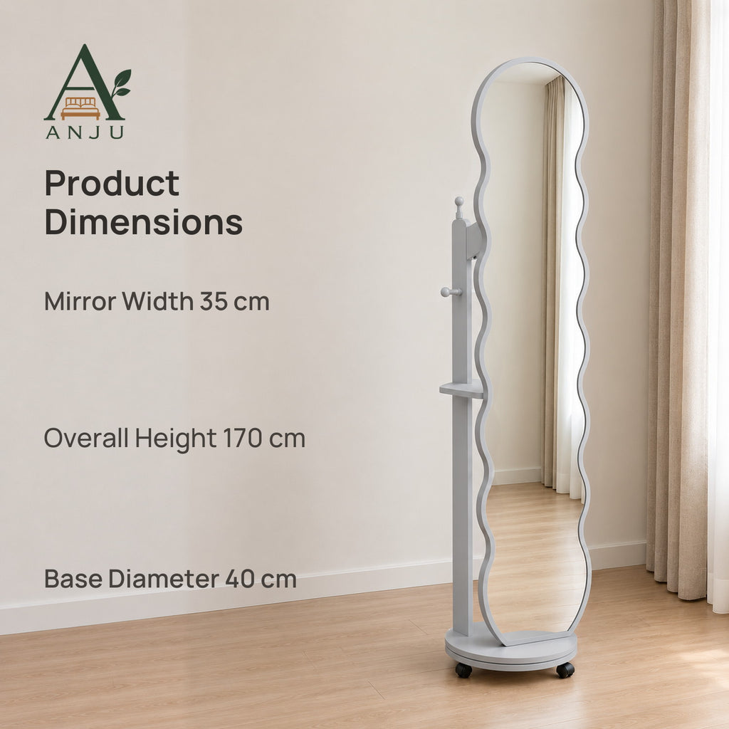 ANJU 360° Rotating Full-Length Mirror with Clothes Hooks, Shelf and Wheels, Light Grey — view 5