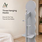 ANJU 360° Rotating Full-Length Mirror with Clothes Hooks, Shelf and Wheels, Light Grey — view 7