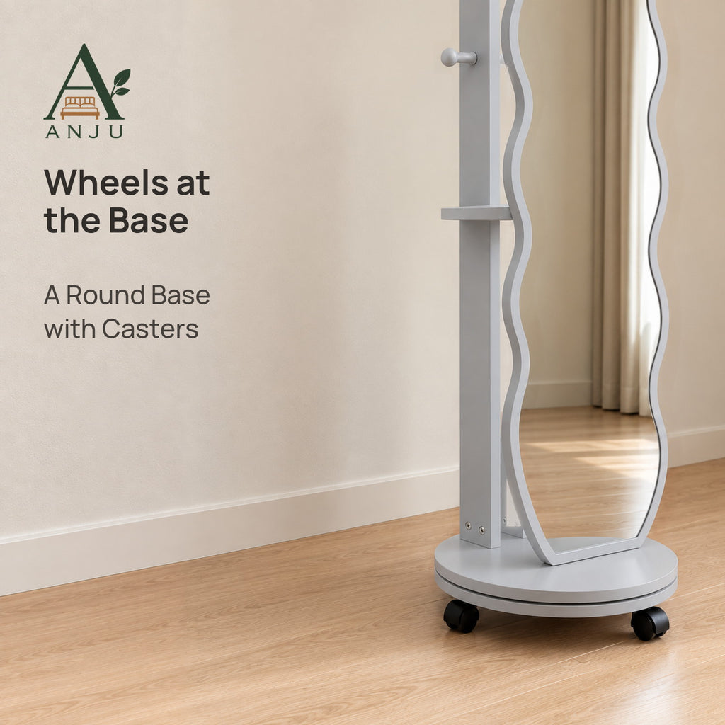 ANJU 360° Rotating Full-Length Mirror with Clothes Hooks, Shelf and Wheels, Light Grey — view 9