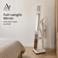 ANJU Full-Length Floor Mirror with Rear Clothes Hooks, Shelf and Wheels, White