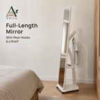 ANJU Full-Length Floor Mirror with Rear Clothes Hooks, Shelf and Wheels, White