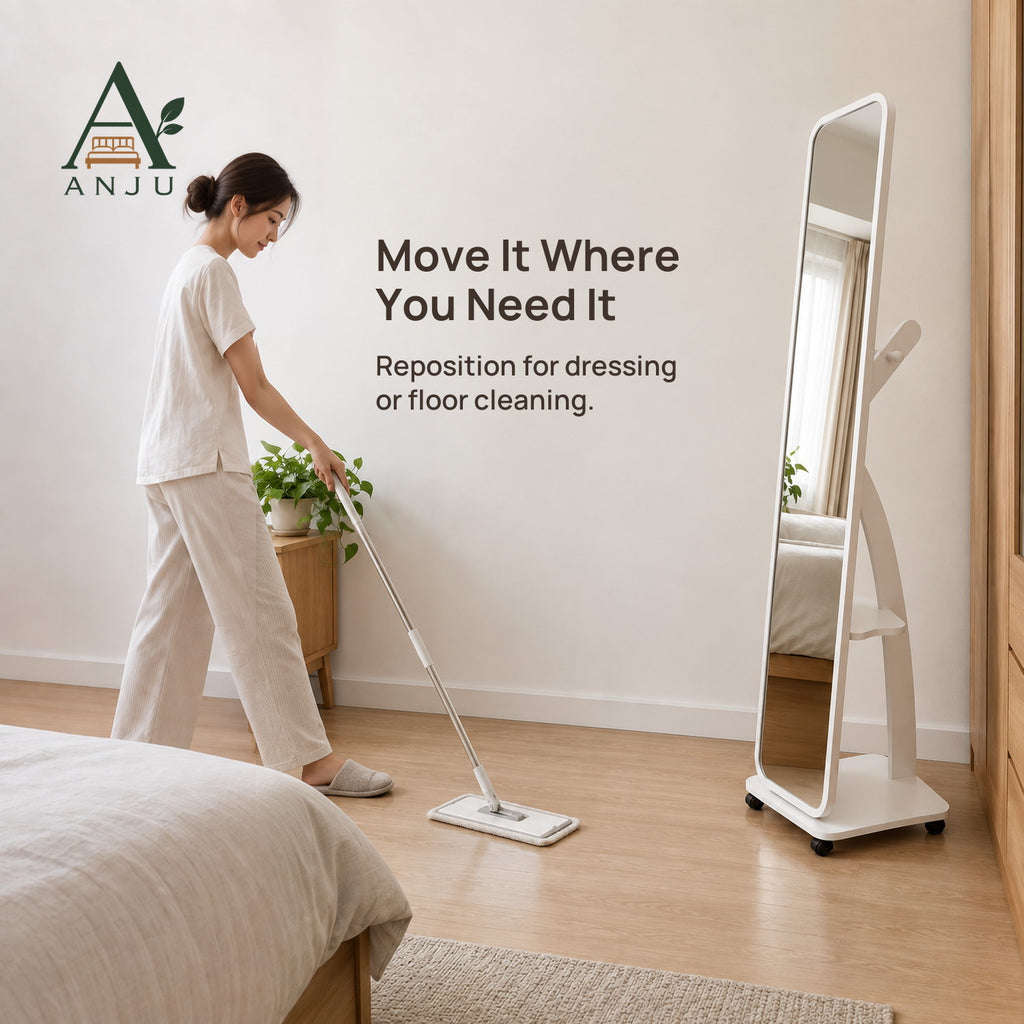 ANJU Full-Length Floor Mirror with Rear Clothes Hooks, Shelf and Wheels, White — view 5