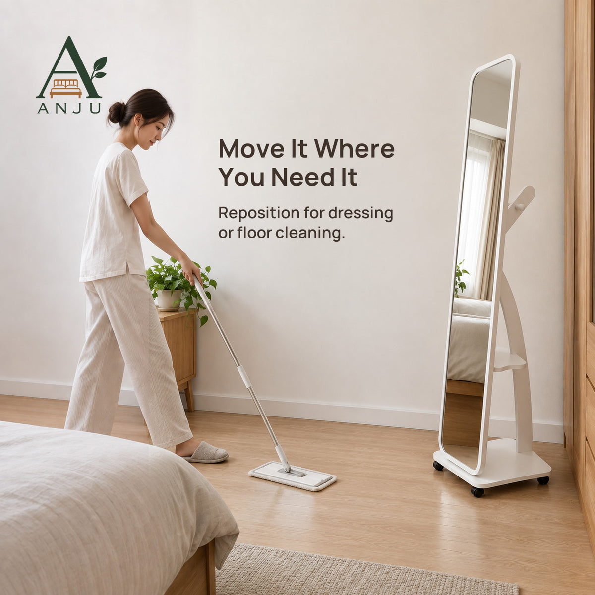 ANJU Full-Length Floor Mirror with Rear Clothes Hooks, Shelf and Wheels, White — view 5