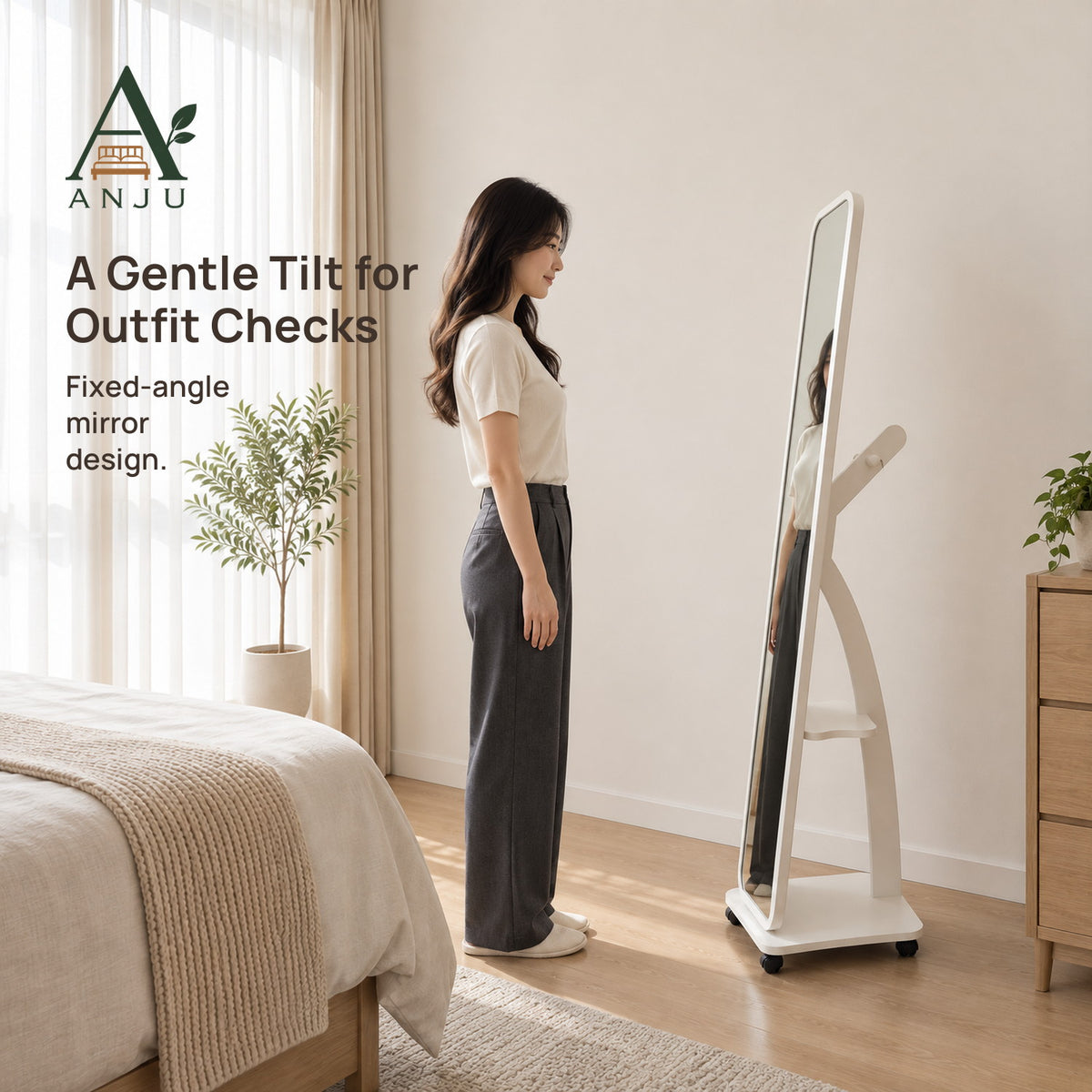 ANJU Full-Length Floor Mirror with Rear Clothes Hooks, Shelf and Wheels, White — view 6
