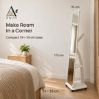 ANJU Full-Length Floor Mirror with Rear Clothes Hooks, Shelf and Wheels, White — view 7