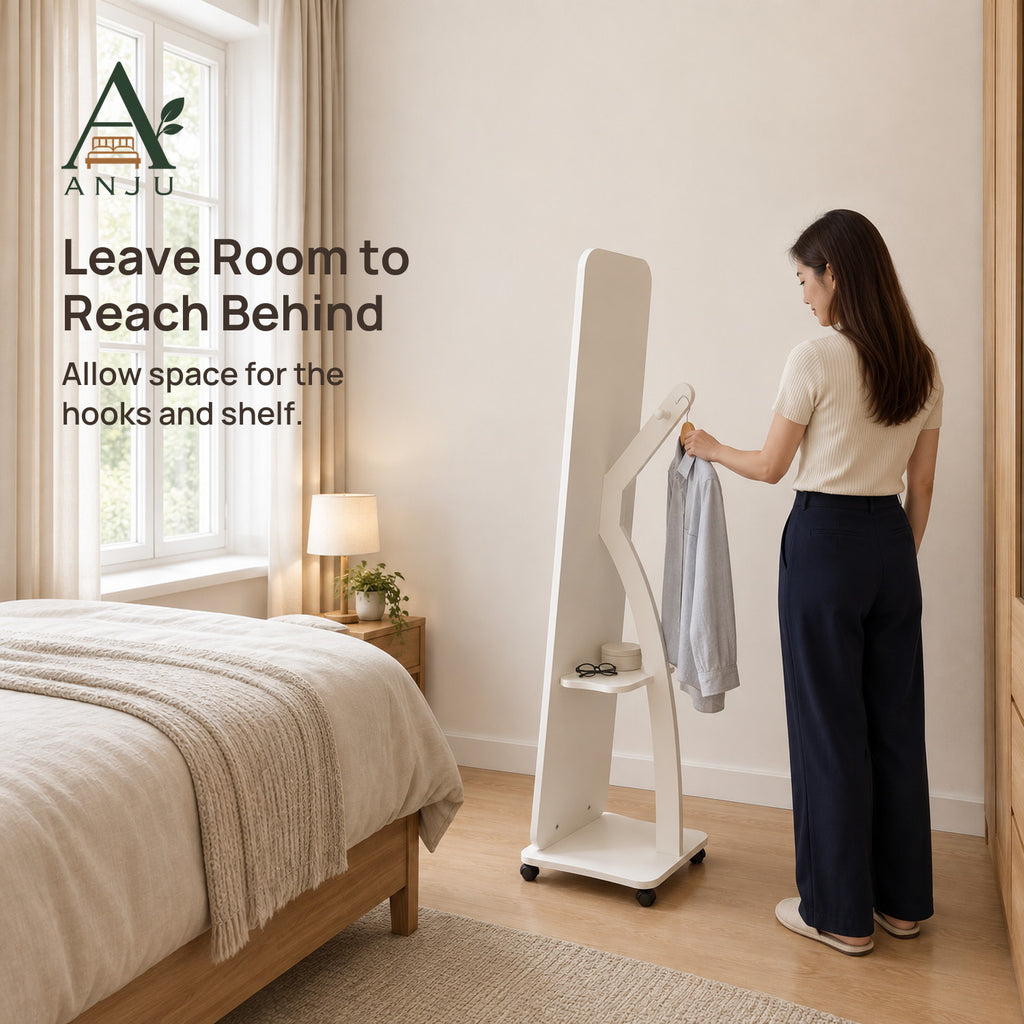 ANJU Full-Length Floor Mirror with Rear Clothes Hooks, Shelf and Wheels, White — view 8