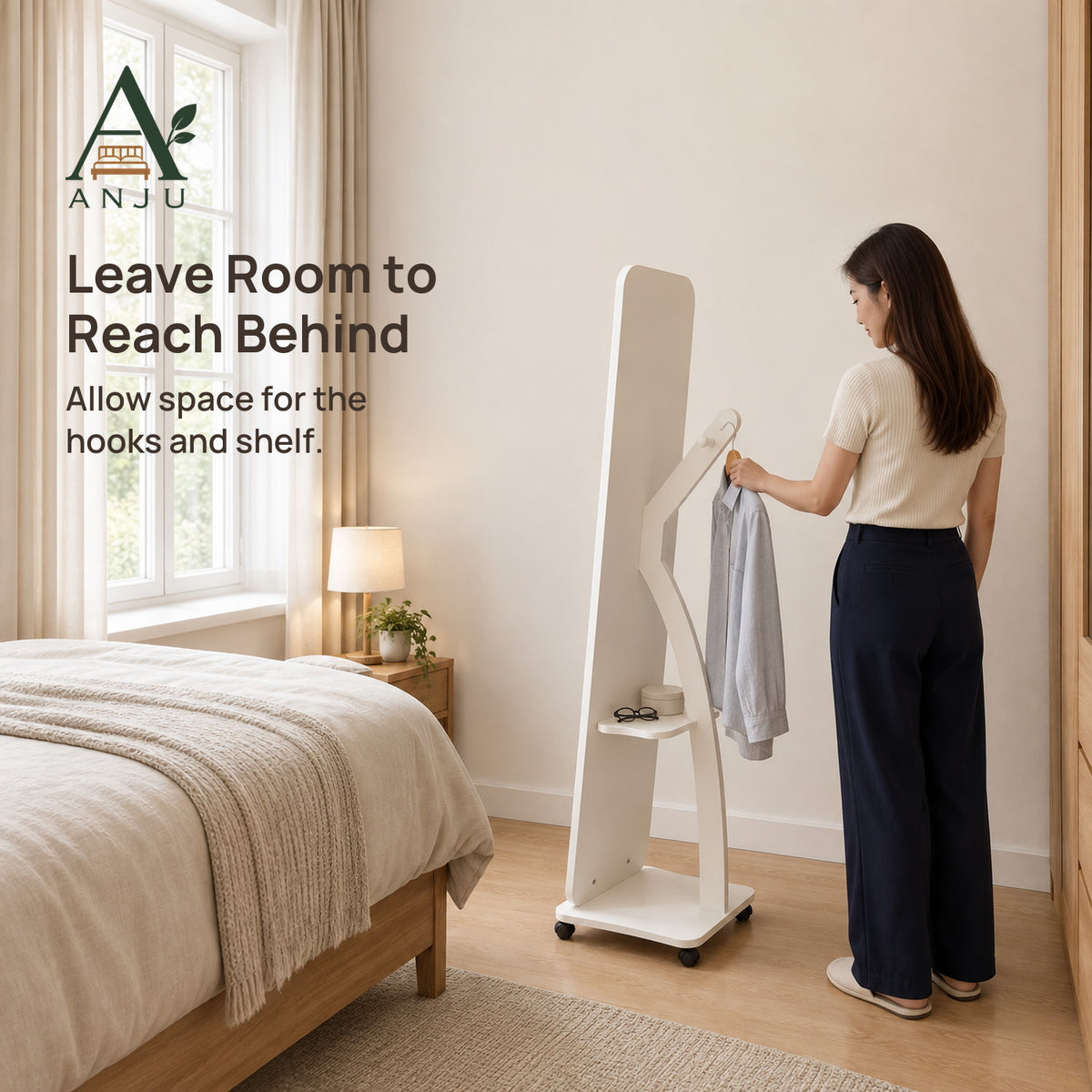 ANJU Full-Length Floor Mirror with Rear Clothes Hooks, Shelf and Wheels, White — view 8