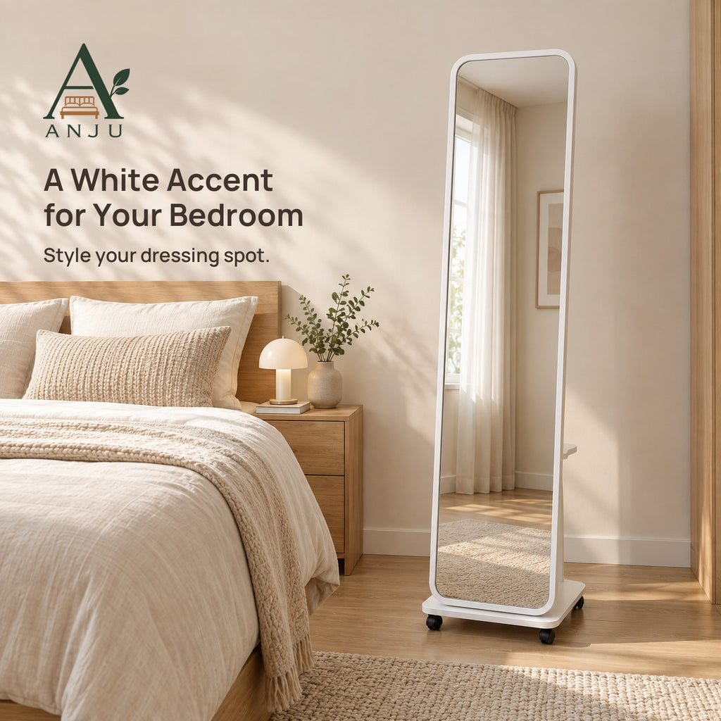ANJU Full-Length Floor Mirror with Rear Clothes Hooks, Shelf and Wheels, White — view 9