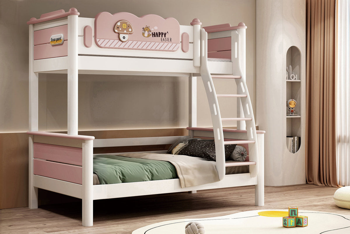 ANJU Mushroom Wooden Bunk Bed with Pink Cloud Guardrail