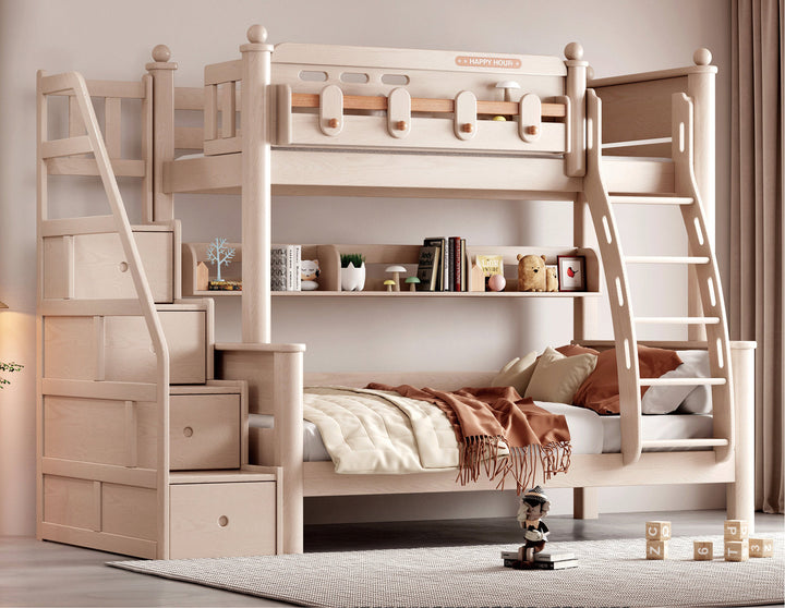 ANJU Wooden Bunk Bed with Oval Cut-Outs and Hanging Tags