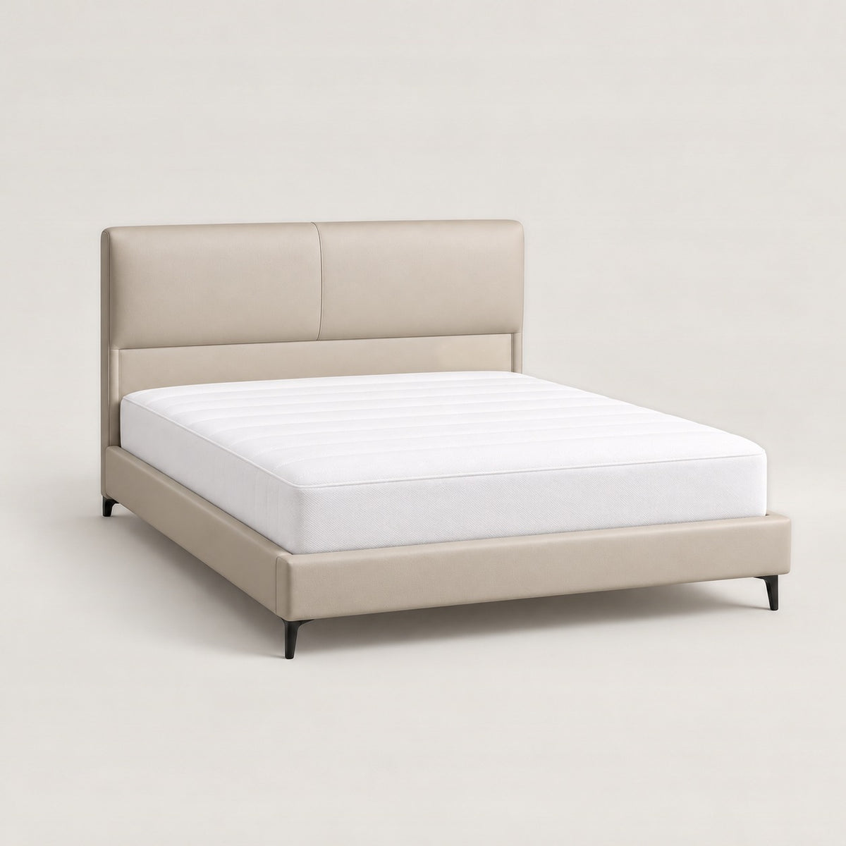 ANJU beige padded headboard bed frame with mattress, three-quarter view