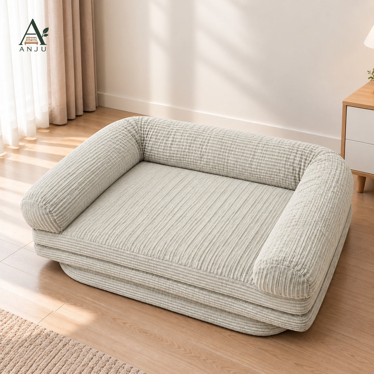ANJU Corduroy Folding Floor Sofa Bed for People and Pets — Cream