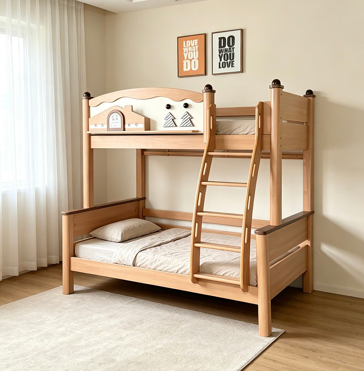 ANJU Pine Tree and Little House Wooden Bunk Bed with Optional Drawers and Bookshelf