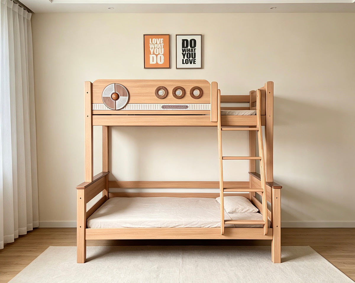 ANJU Porthole Wooden Bunk Bed with Optional Drawers and Bookshelf
