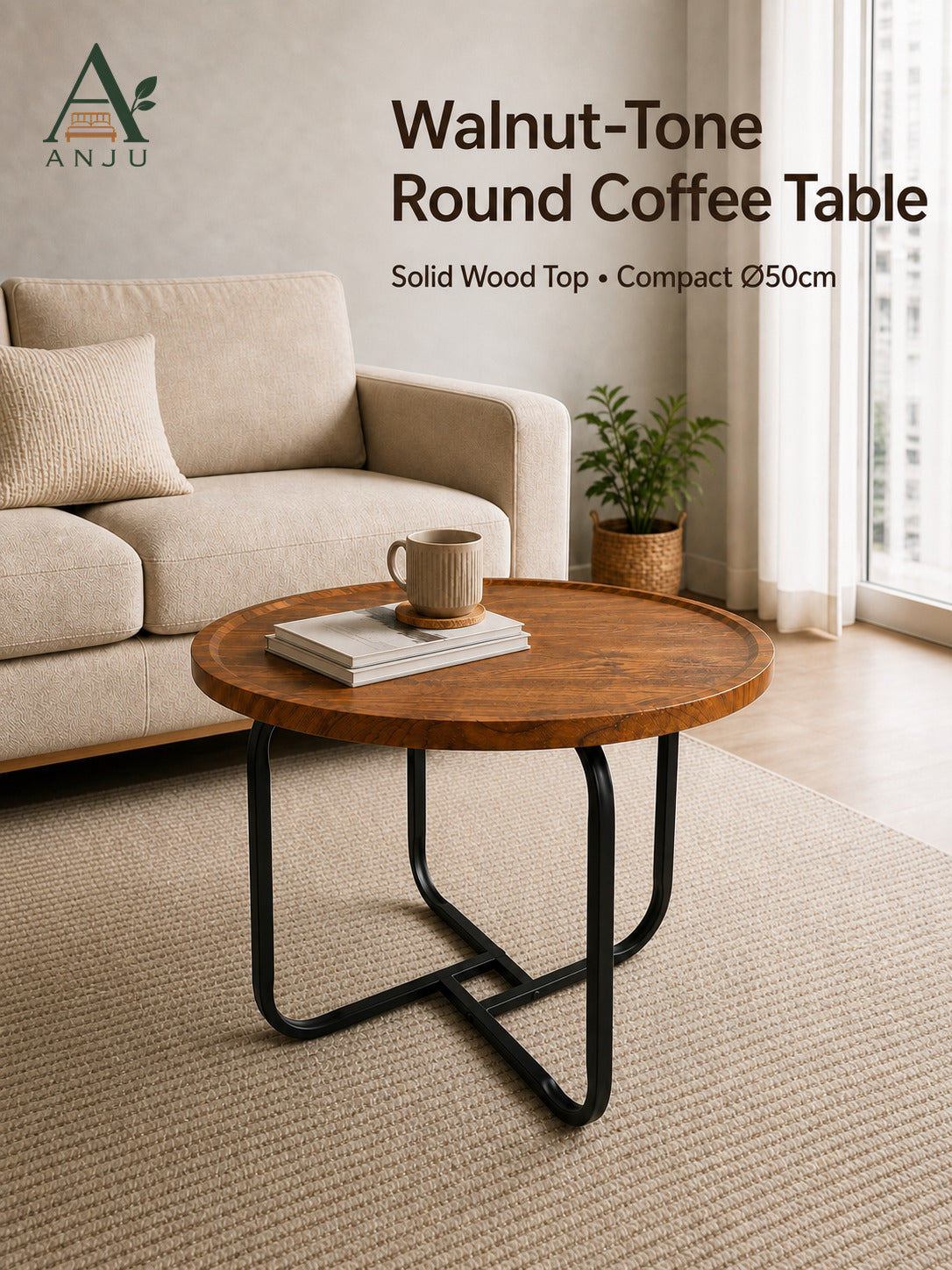 ANJU 50cm Round Coffee Table in Walnut Tone — image 1