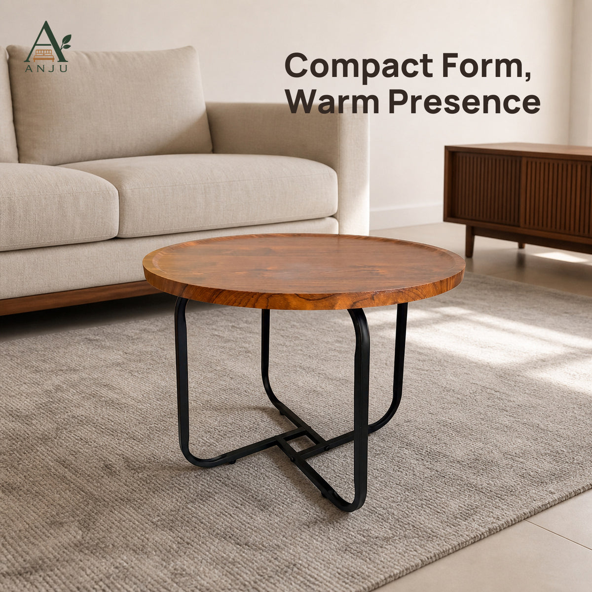 ANJU 50cm walnut-tone round coffee table with black iron frame