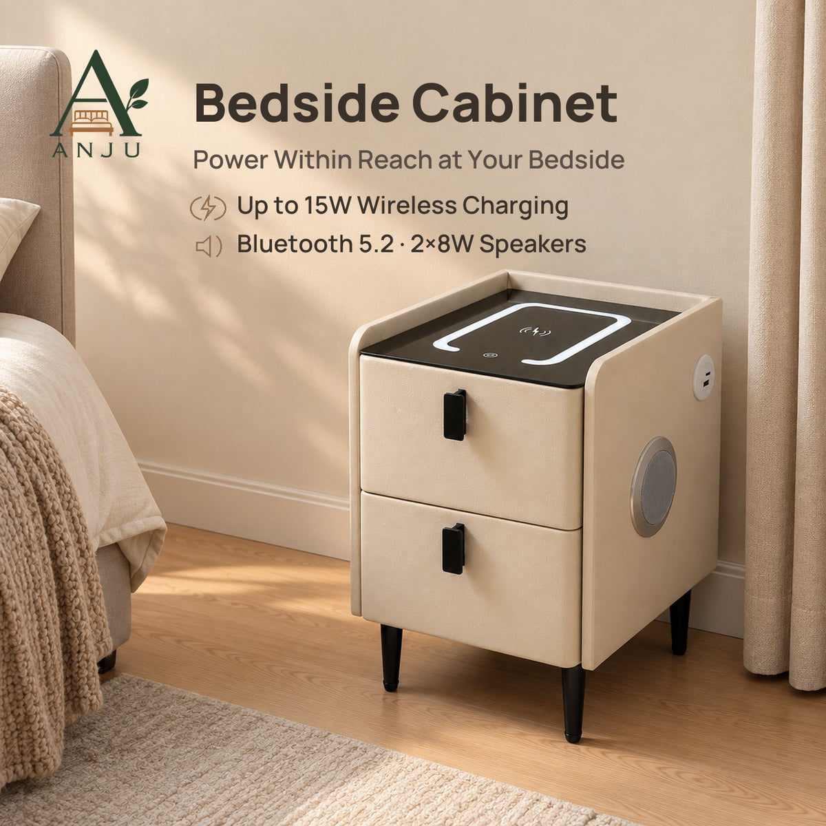 ANJU Smart Bedside Table 30cm with Wireless Charging, Bluetooth Speakers, USB Ports and 2 Drawers, Khaki — image 1