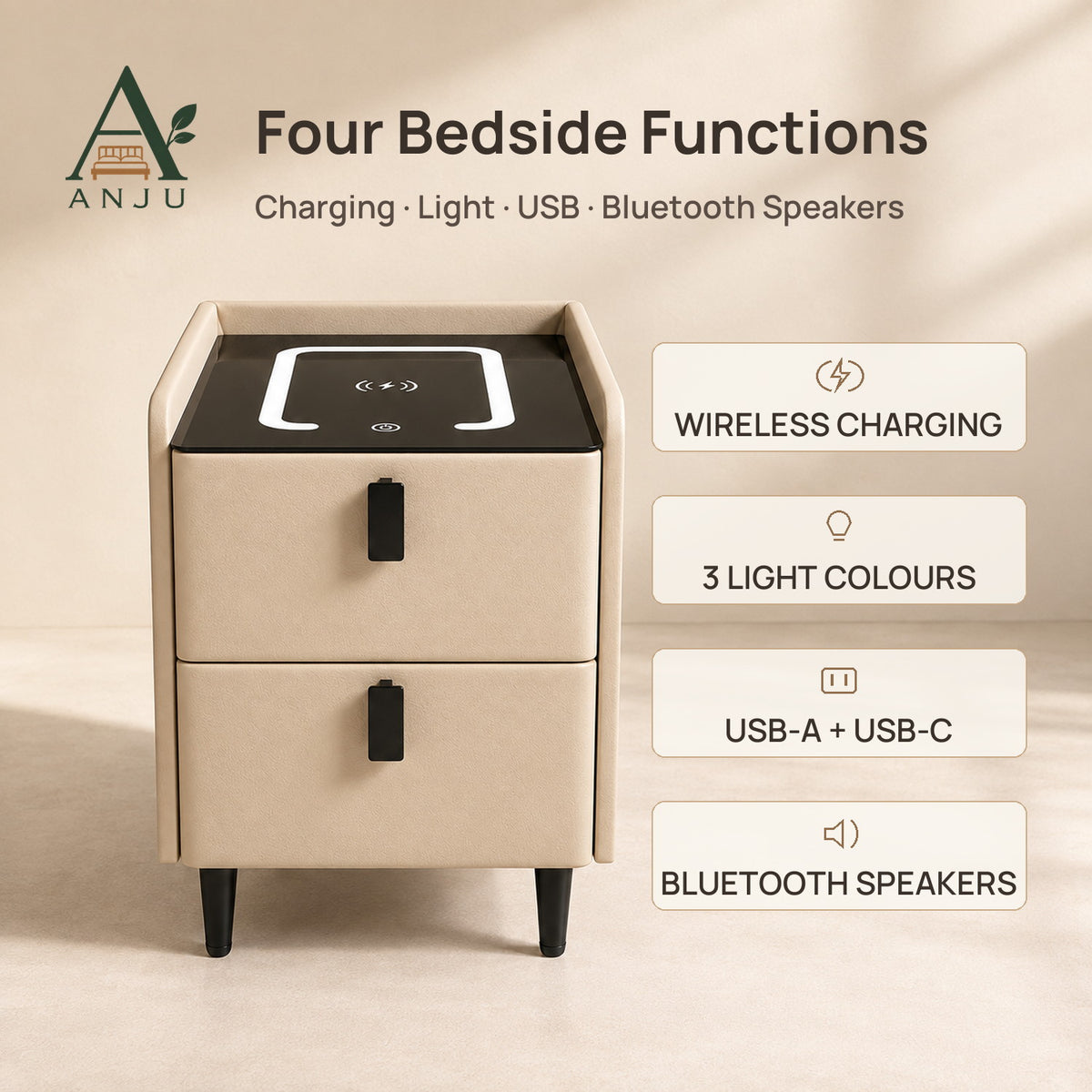 ANJU Smart Bedside Table 30cm with Wireless Charging, Bluetooth Speakers, USB Ports and 2 Drawers, Khaki — image 2