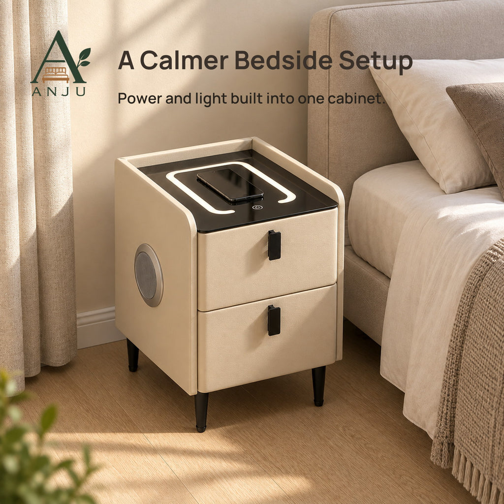 ANJU Smart Bedside Table 30cm with Wireless Charging, Bluetooth Speakers, USB Ports and 2 Drawers, Khaki — image 3
