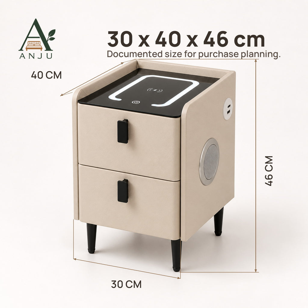 ANJU Smart Bedside Table 30cm with Wireless Charging, Bluetooth Speakers, USB Ports and 2 Drawers, Khaki — image 4