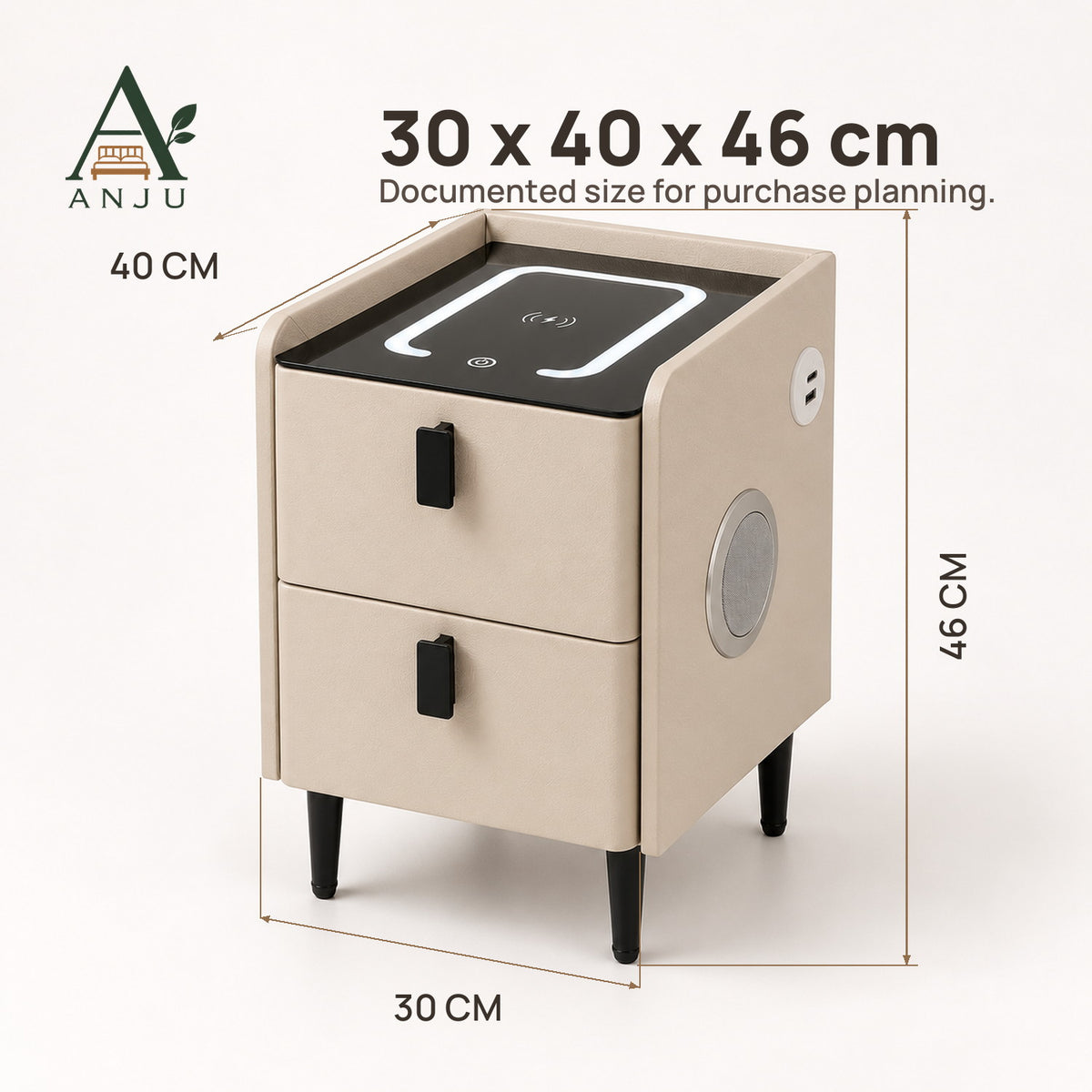 ANJU Smart Bedside Table 30cm with Wireless Charging, Bluetooth Speakers, USB Ports and 2 Drawers, Khaki — image 4
