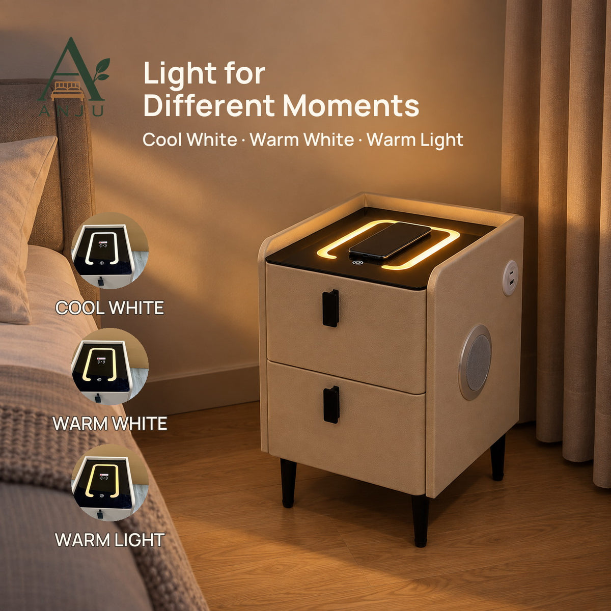 ANJU Smart Bedside Table 30cm with Wireless Charging, Bluetooth Speakers, USB Ports and 2 Drawers, Khaki — image 6