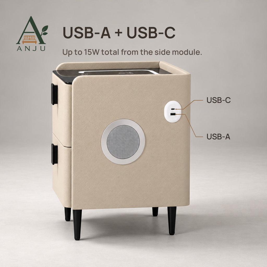 ANJU Smart Bedside Table 30cm with Wireless Charging, Bluetooth Speakers, USB Ports and 2 Drawers, Khaki — image 7