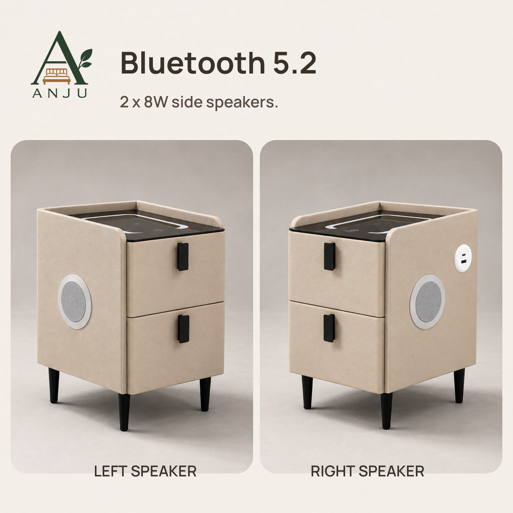 ANJU Smart Bedside Table 30cm with Wireless Charging, Bluetooth Speakers, USB Ports and 2 Drawers, Khaki — image 8