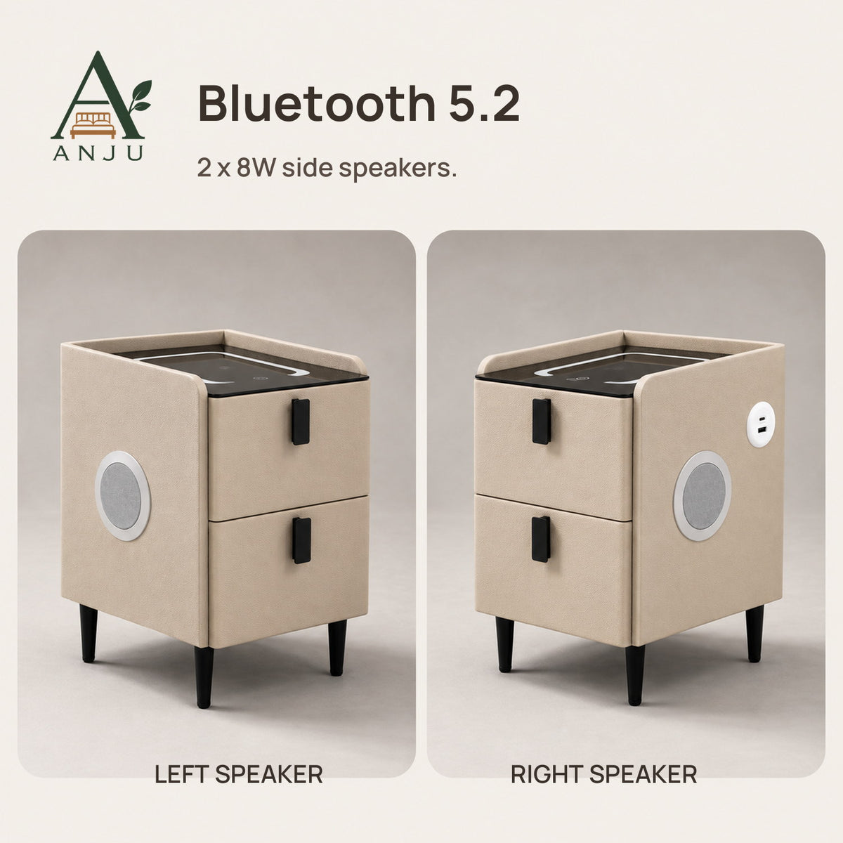 ANJU Smart Bedside Table 30cm with Wireless Charging, Bluetooth Speakers, USB Ports and 2 Drawers, Khaki — image 8