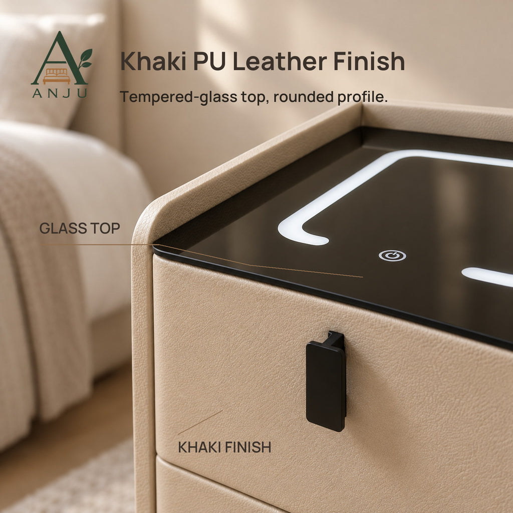 ANJU Smart Bedside Table 30cm with Wireless Charging, Bluetooth Speakers, USB Ports and 2 Drawers, Khaki — image 9