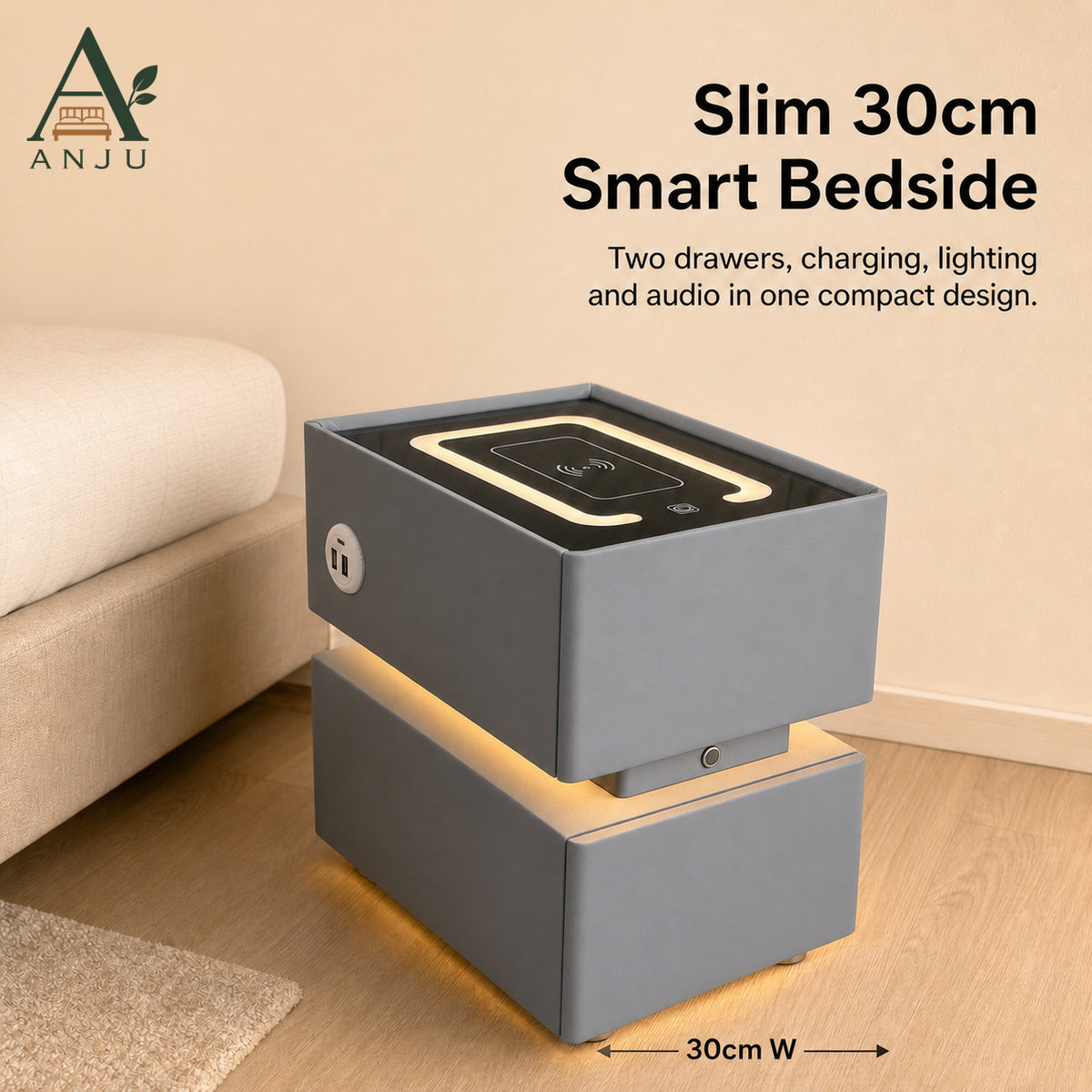 ANJU Smart Bedside Table 30cm with Wireless Charging, Bluetooth Speaker, USB Ports and Sensor Lights — image 1
