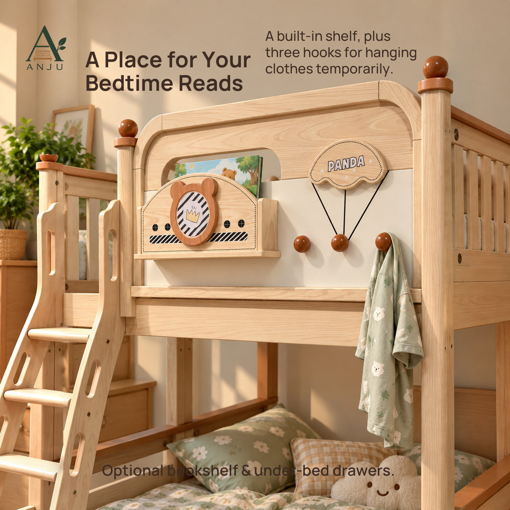 ANJU Solid Wood Bunk Bed Frame with 90cm Upper and 120cm Lower Levels, Ash Finish — image 2