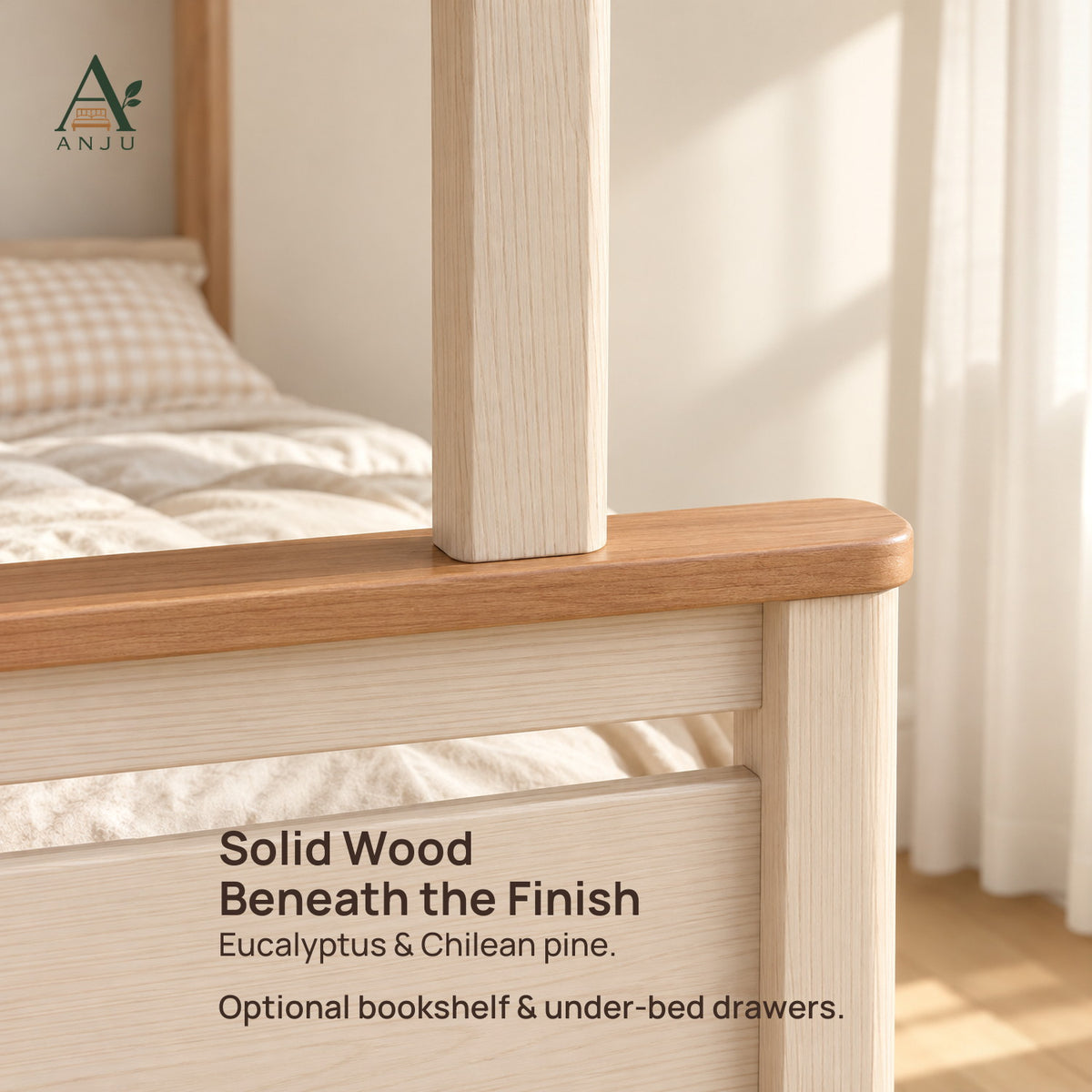 ANJU Solid Wood Bunk Bed Frame with 90cm Upper and 120cm Lower Levels, Ash Finish — image 4
