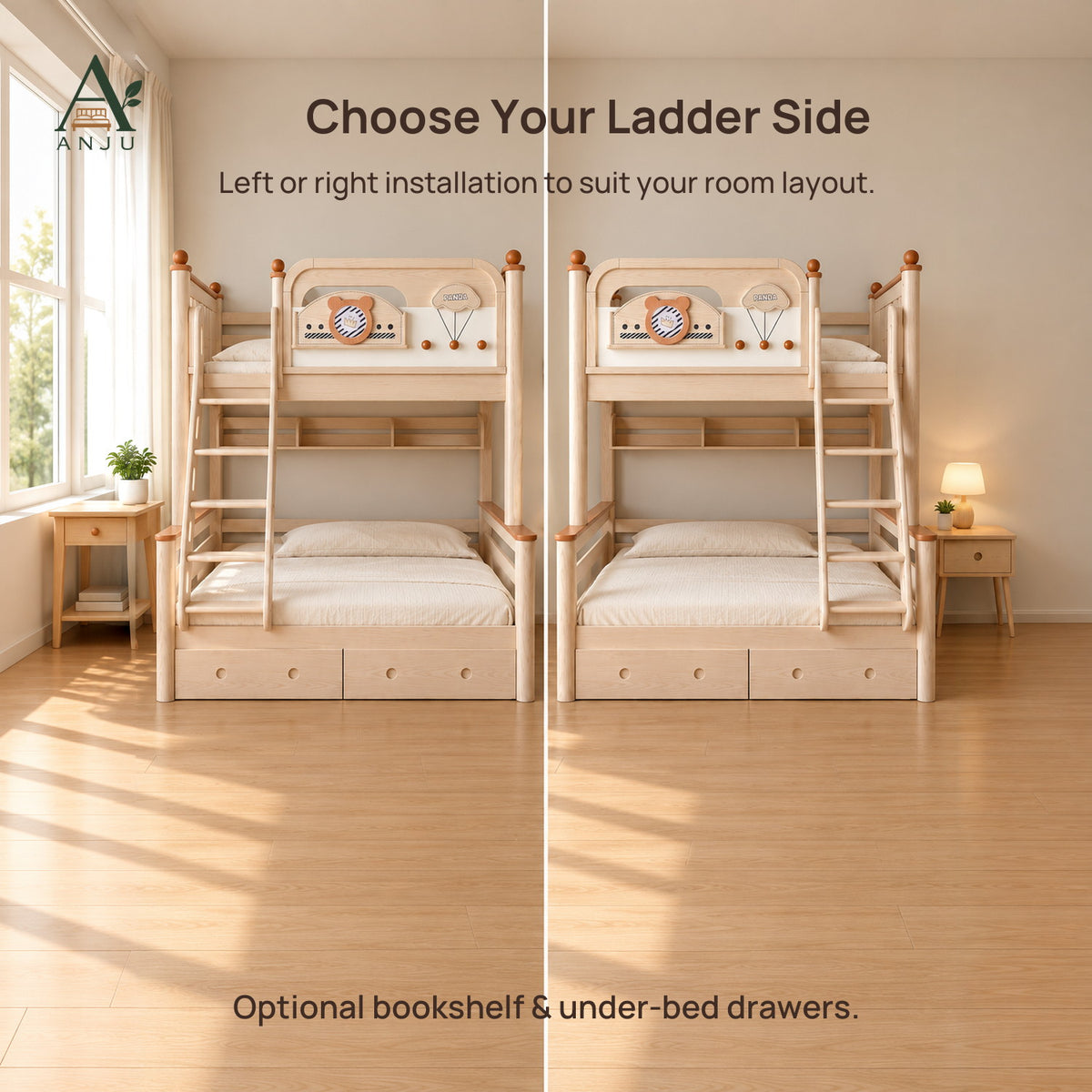 ANJU Solid Wood Bunk Bed Frame with 90cm Upper and 120cm Lower Levels, Ash Finish — image 5