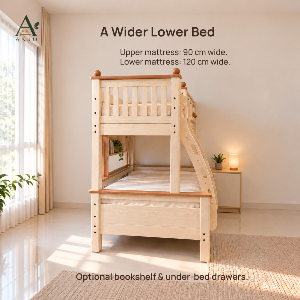 ANJU Solid Wood Bunk Bed Frame with 90cm Upper and 120cm Lower Levels, Ash Finish — image 7