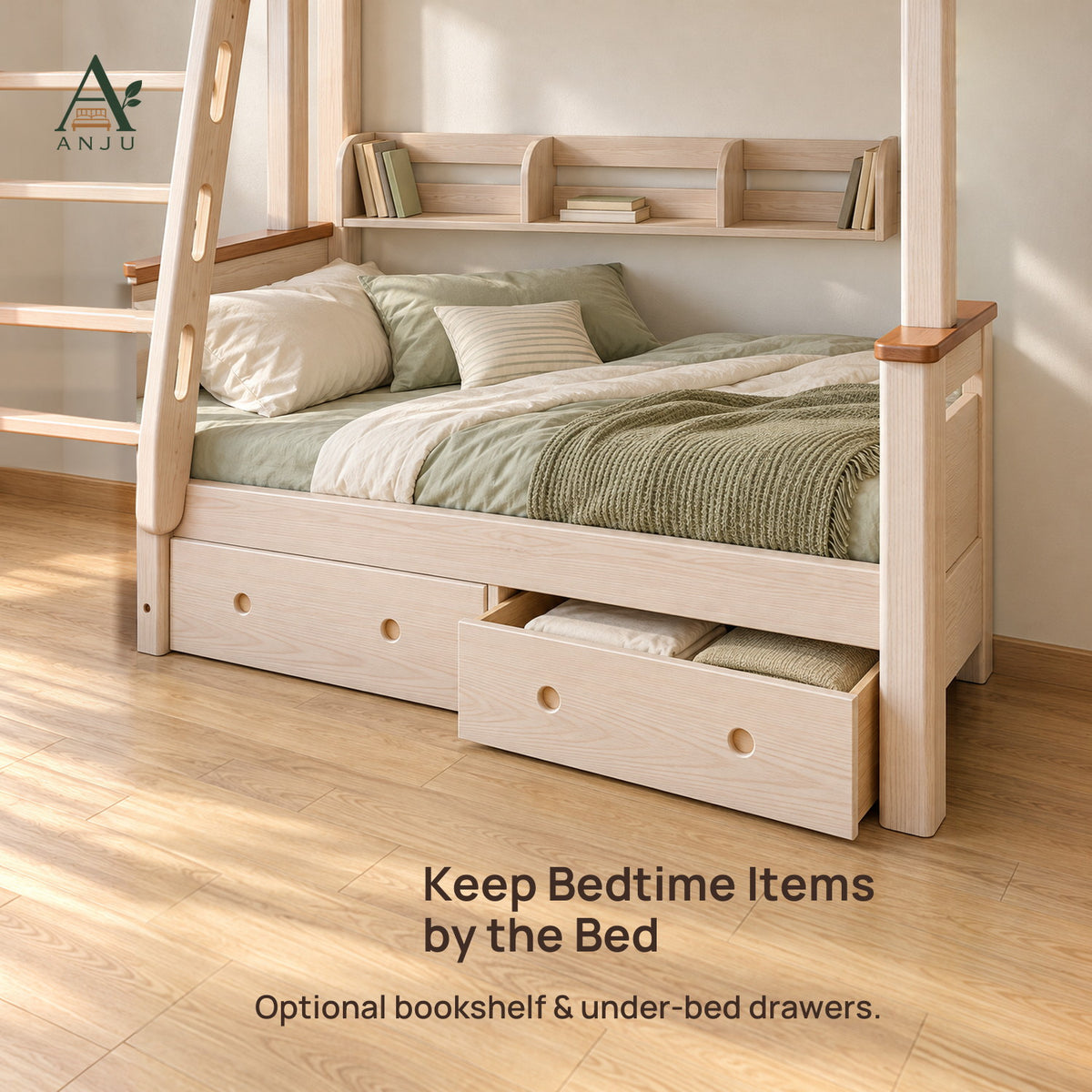 ANJU Solid Wood Bunk Bed Frame with 90cm Upper and 120cm Lower Levels, Ash Finish — image 8
