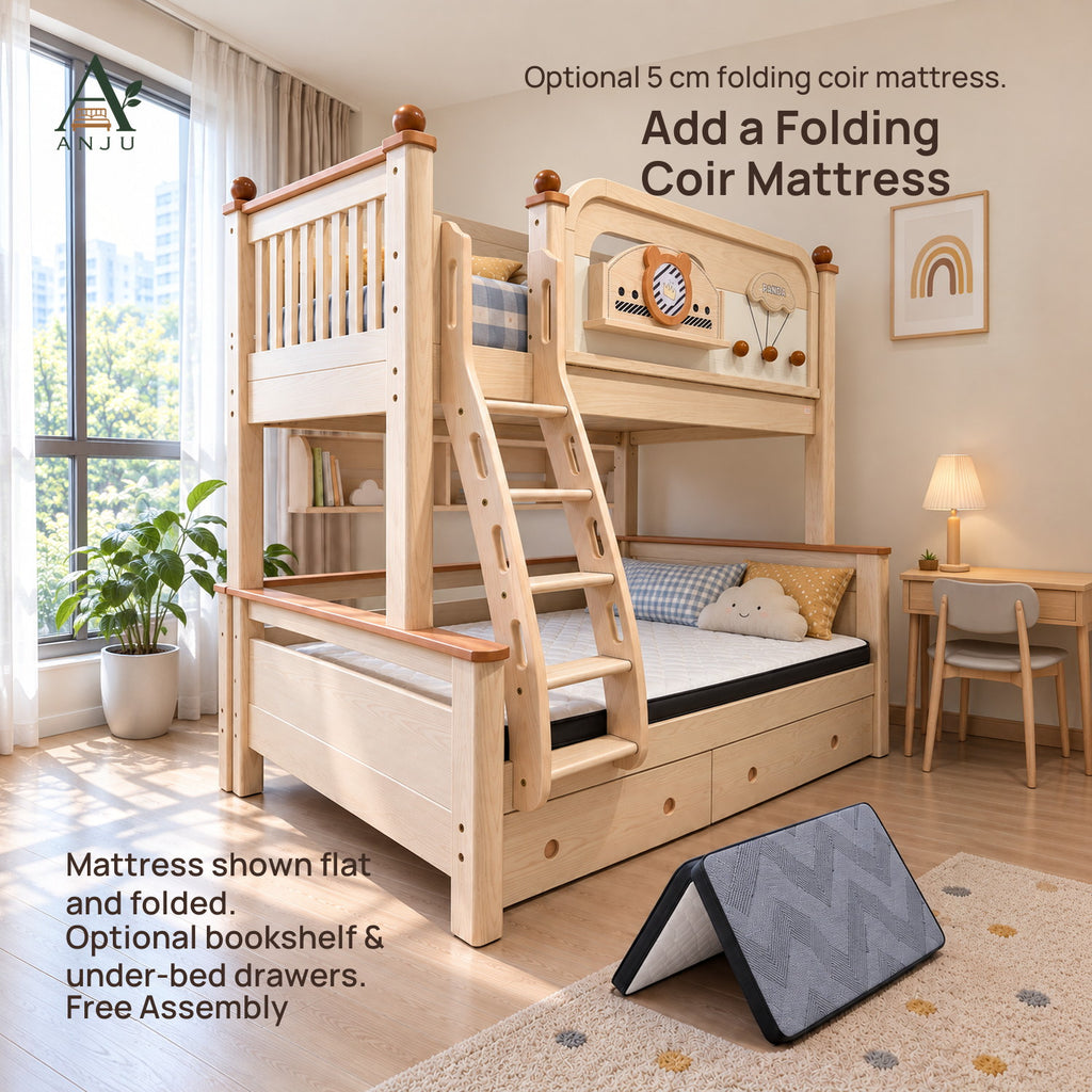 ANJU Solid Wood Bunk Bed Frame with 90cm Upper and 120cm Lower Levels, Ash Finish — image 9